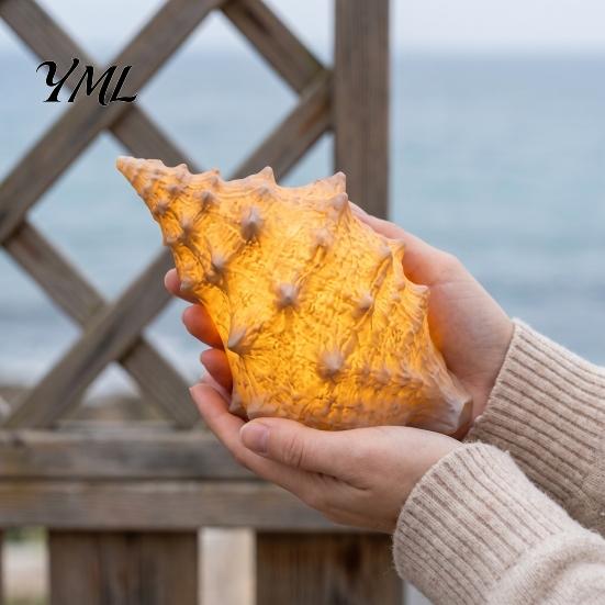 Safe Midnight Navigation Conch Shell Night Light, Resin LED Lamp with Auto Timer, Beach House Decor Theme Decorative Lighting for Coastal Bedroom