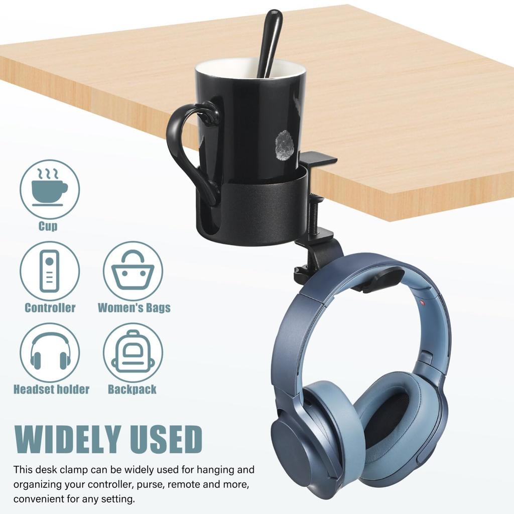 NUOLUX Drink Holder Headphone Stand Desk Cup Holder 360 Degree Rotation Earphone Storage Hook Aluminum Alloy Desk Organizer Multifunctional Cup