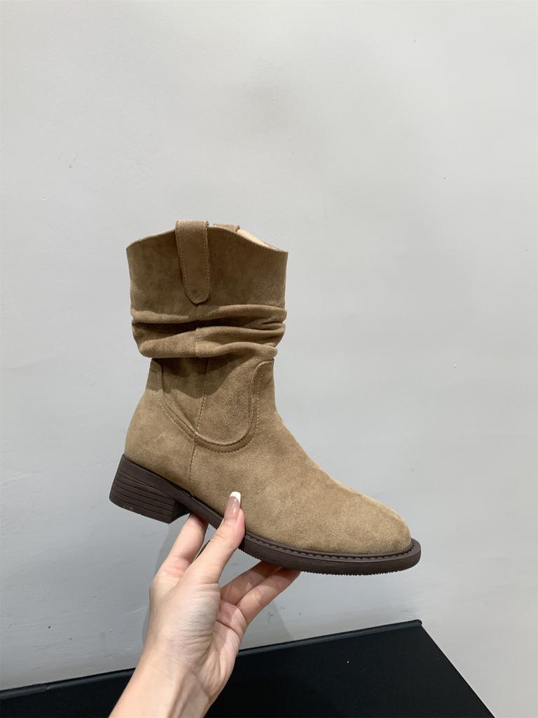 Ботильоны средней высоты с толстой подошвой и V-образным вырезом женская обувь 2025 весна-осень одинарные ботинки западные ковбойские ботильоны на меху ботинки Мартин