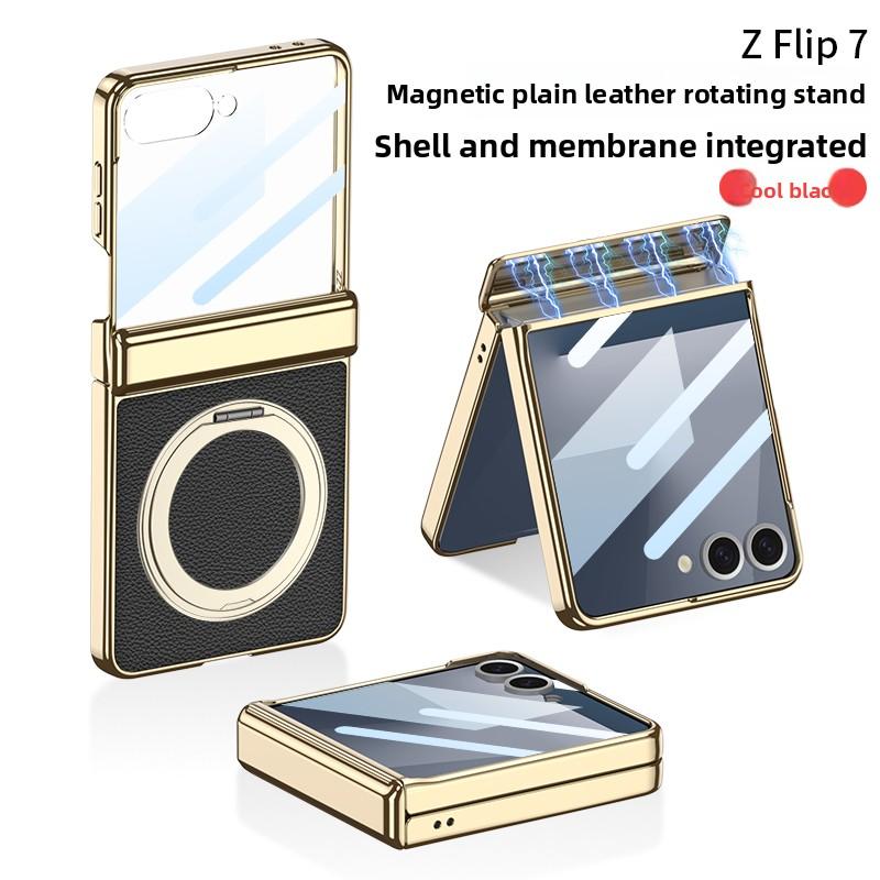 Для Samsung Galaxy Z Flip 7 Чехол Роскошная Кожа PU Кожа Шарнир MagSafe Магнитное Кольцо Подставка Защитная Задняя Крышка Для Z Flip7 Чехол