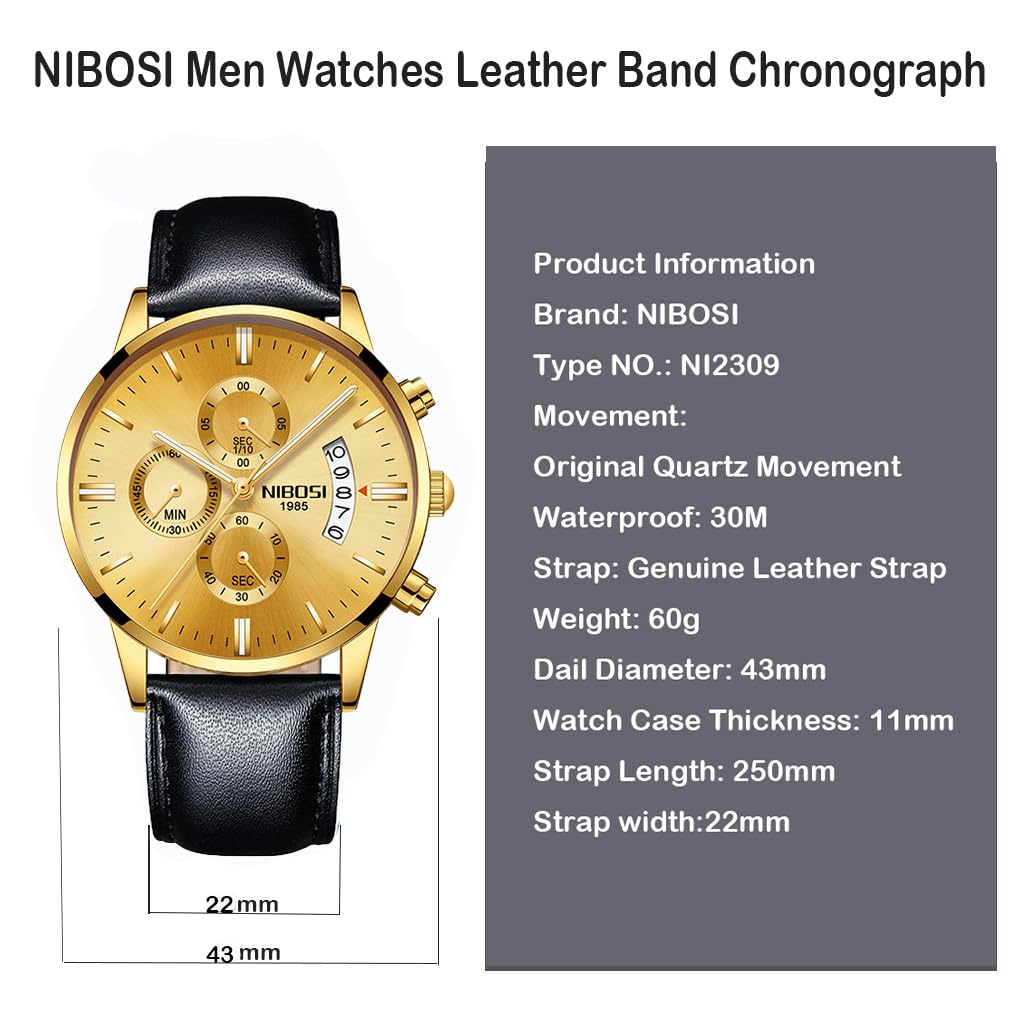 NIBOSI Men's Watch Black Leather Strap Chronograph Waterproof Brand Analog Business Wristwatch Stylish Casual Big Face Gentleman Luxury Gift Gold