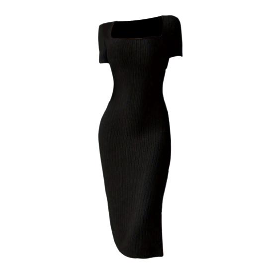 Women Summer Dress Square Neck Split Hem Knitted Elastic Skinny Solid Color Mid-calf Length Short Sleeves Lady Party Commute Midi Dress