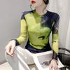 Long-sleeved Women Autumn Clothing Mesh Tops Printed Color Matching T-shirt Fashionable Autumn Clothing Bottoming Shirt