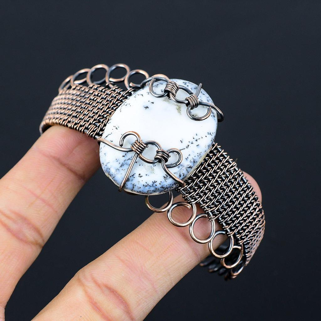 Дендритовый опал, драгоценный камень, чистая медная проволока, завернутая в манжеты/браслет ручной работы, ювелирные изделия