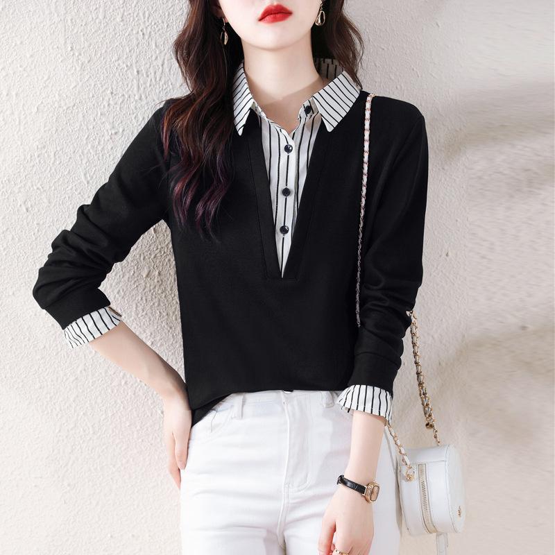 Женская новинка осени, полосатая рубашка с воротником-поло, имитация двухкомпонентного свитшота с длинными рукавами