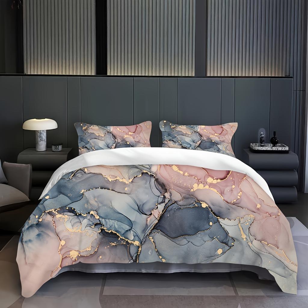 Sky Blue And Pink Mixed Mottled Marble Imitation Marble Craft Theme Quilt Cover Set Zipper Design Machine Washable