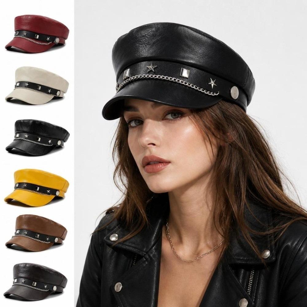Solid Color Baker Boy Cap Metal Chain Decor Beret Hat Retro Flat Top Cap For Women