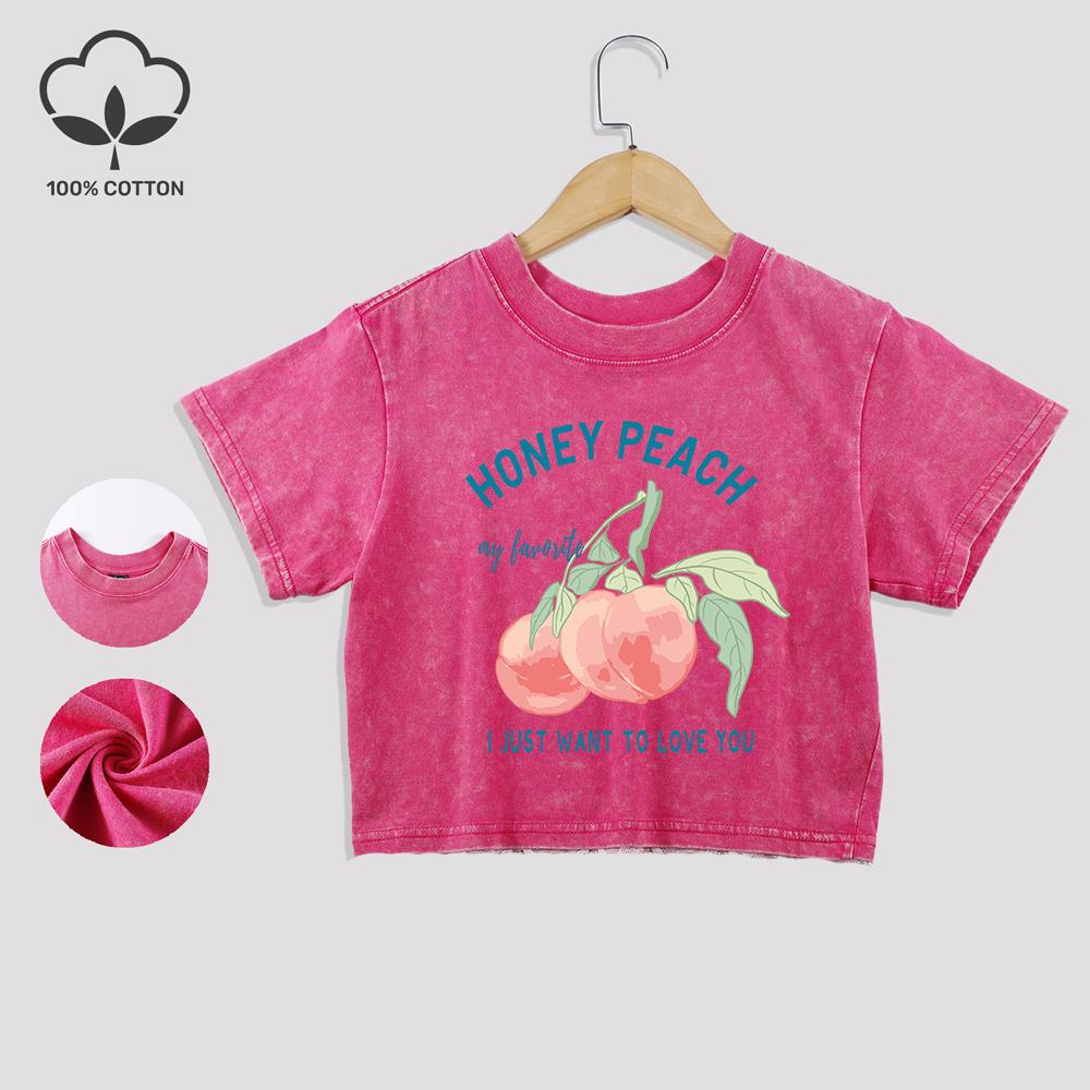Принты с иллюстрацией персика и надписью 'Honey' Хлопковые укороченные футболки Летние футболки с кружевной отделкой Потертые топы с круглым вырезом Повседневная одежда