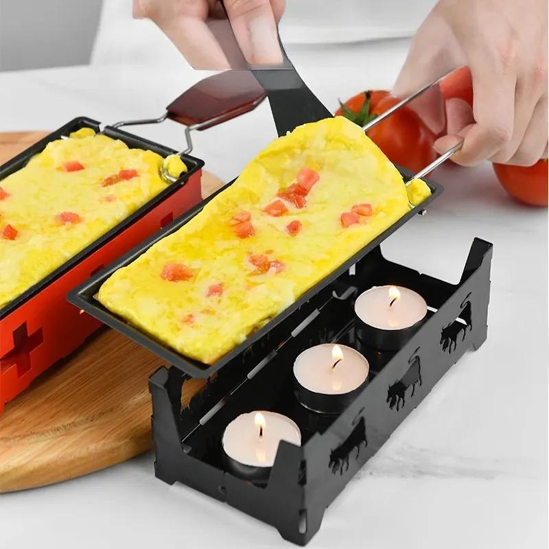 Mini Cheese Raclette Non-stick Coating Candles with Spatula Cook Set Heated Baking Tray Foldable Handle Breadfor Non-stick Cheese Set
