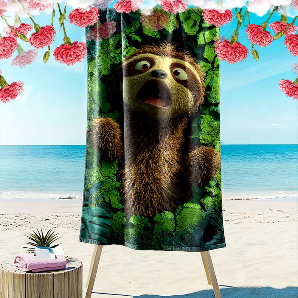 Surprised Sloth on Green Background A must-have beach towel for beach travel