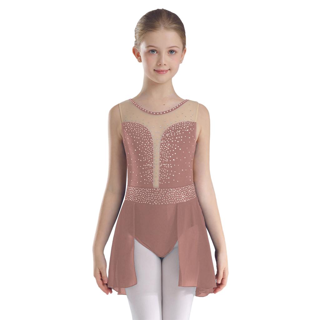 Kids Girls Ballet Lyrical Dance Figure Ice Skating Dress Hollow Back Mesh Gymnastics Leotard Dress