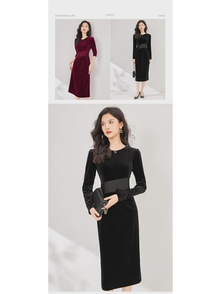 Элегантное бархатное платье: Осень/Зима, узкая талия, плиссировка, круглый вырез горловины