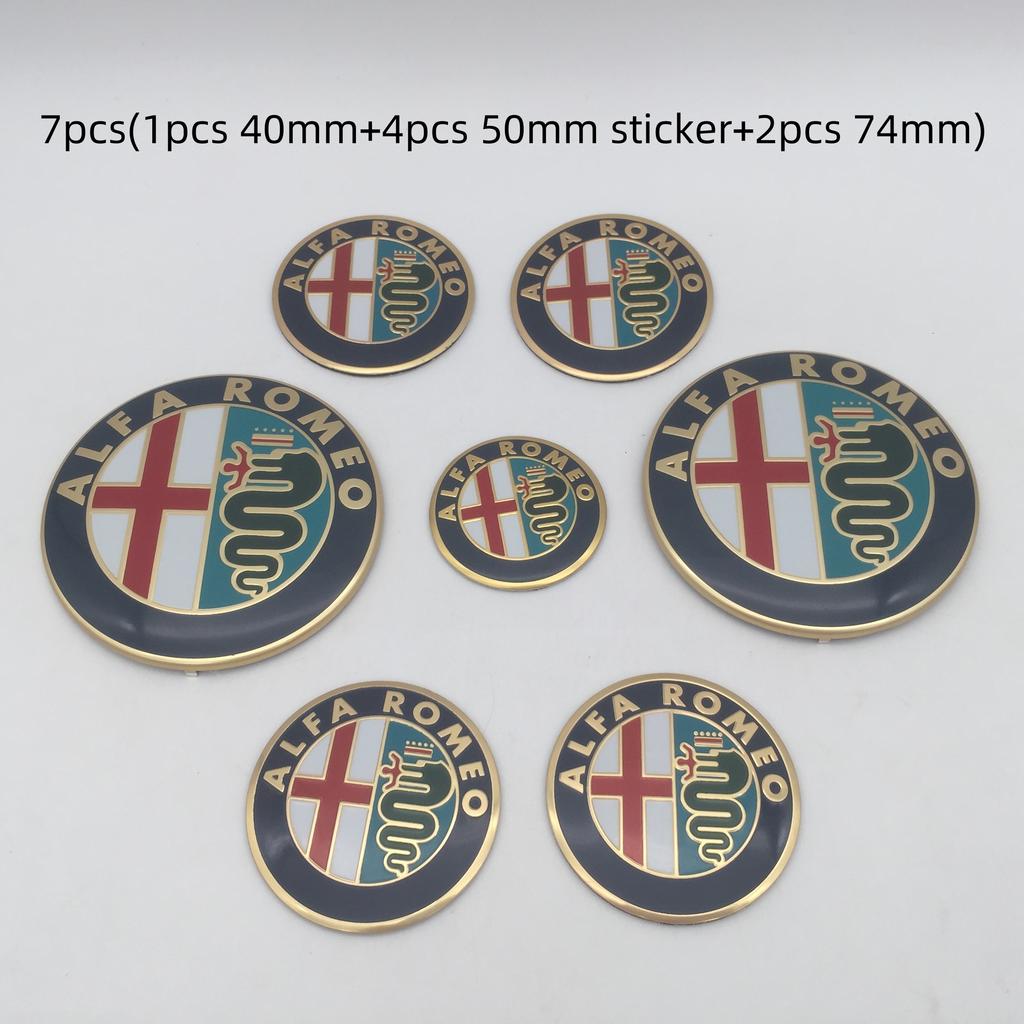 QJDS8 7pcs forAlfa Romeo Car emblem Wheel Cover caps front Hood badge rear Trunk Steering sticker Styling 2x74mm , 4x50mm,1x40mm