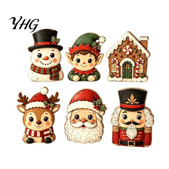 Christmas Fireplace Mantle Ornaments 6Pcs Wooden Tabletop Signs, Xmas Sign Decor, Santa Reusable Holiday Figurines Snowman Reindeer Gingerbread House