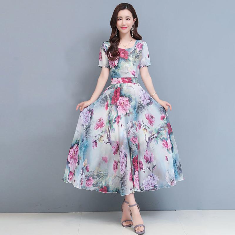 New Elegant Floral Fashion Dress Women's Summer Fashion Cover Belly Slim Long Flowing Dress Beach Skirt.