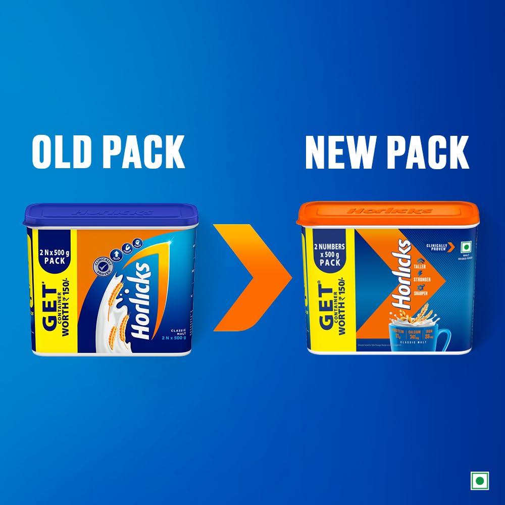 Horlicks Health And Nutrition Drink Classic Malt 500 G Combo Pack Of 2 With Free Container For Daily Growth And Immunity Support