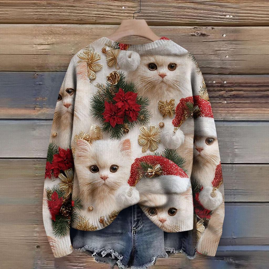 Пуловеры с длинным рукавом для женщин, с круглым вырезом, повседневные, милые, с принтом, вязаные, оверсайз