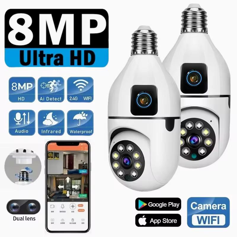 8-мегапиксельная E27 Bulb WIFI камера с 8-кратным зумом и двумя объективами для внутреннего наблюдения, слежения за человеком, беспроводные камеры с двусторонней аудиосвязью, цветное ночное видение