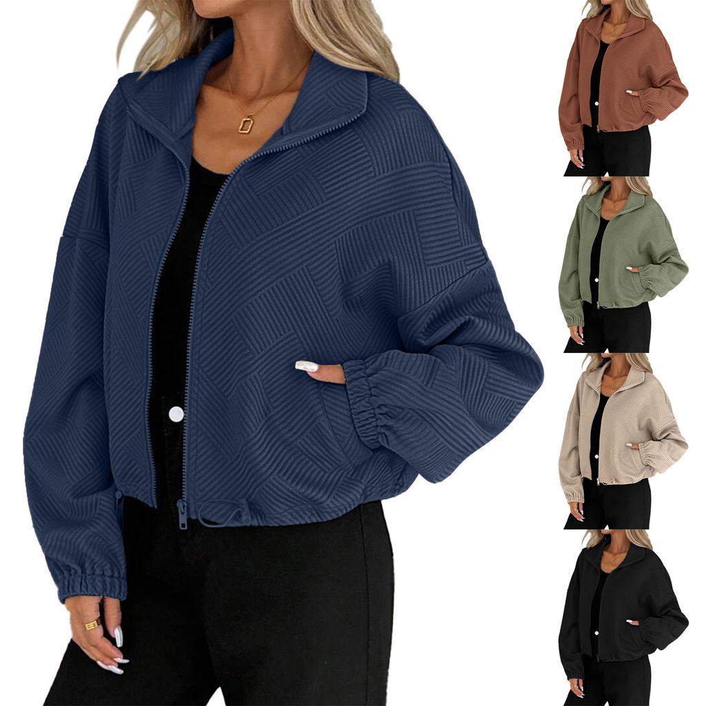 Women's Fashionable Solid Color Long Sleeved High Neck Zipper Hem Drawstring Pocket Loose Baseball Jacket