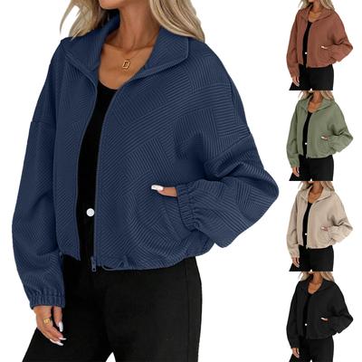 Женская модная однотонная куртка-бомбер свободного кроя с длинными рукавами, высоким воротом, застежкой-молнией по подолу, карманом на кулиске.