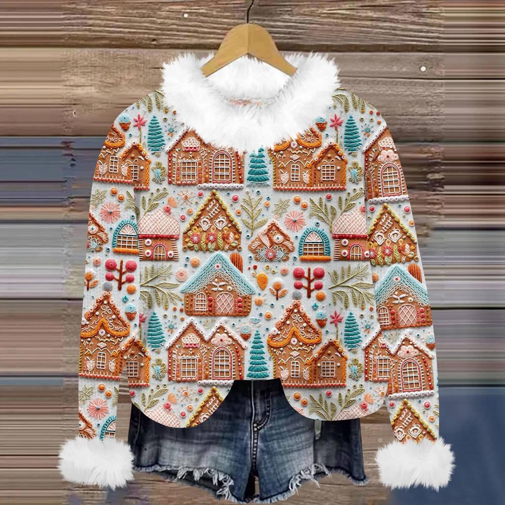 Свитшоты для женщин Вязаный свитер Милая рубашка Осенний круглый вырез Пуловер с меховым воротником Топы