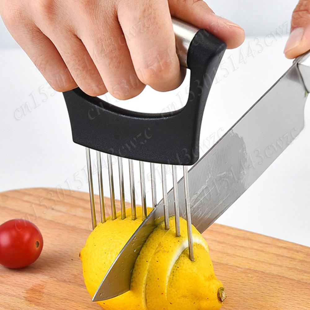 Onion Slice Holder with Anti-Slip Handle Onion Pin Slicer Stainless Steel Kitchen Chopper Slicing Tool for Onion Potato Lemon