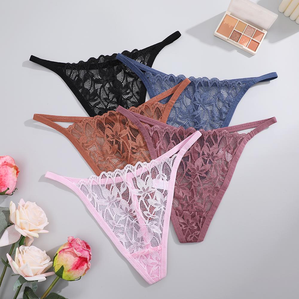 5PCS/Set Women Sexy Lace Thongs G-String T-Back Underwear Female Breathable Underpants Floral Lace Solid Color Panties S-XL