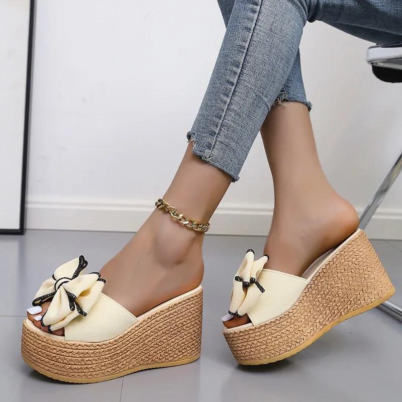 2024 Hot Seller Women Slippers Fashion Toe Summer Shoes Butterfly-knot High Heels Women Slides Platform Wedges Ladies Women Shoe