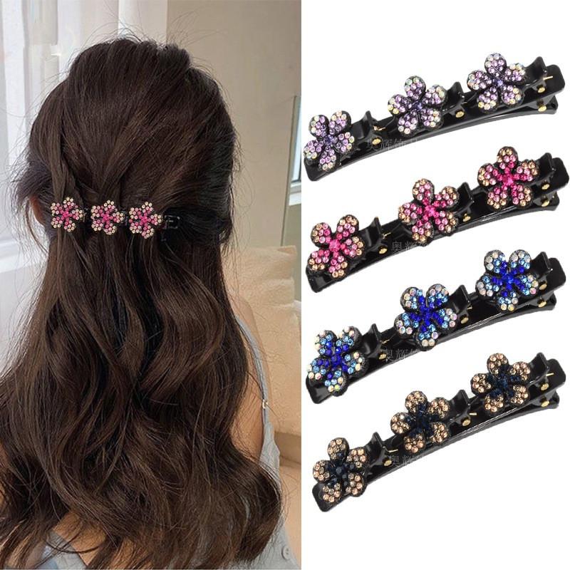 4pcs Sparkling Crystal Stone Braided Hair Clips Women Satin Fabric Hair Clips,Rsvelte Braided Hair Clip with 3 Small Clips, Multi Clip Hair Barrette