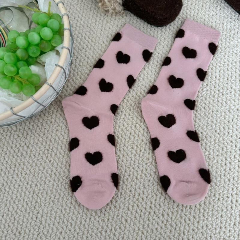 4 Pairs Breathable Women's Ankle Socks Flocking Heart Pattern Stretchy Fit Nylon Fabric Crew Socks for Work and Leisure