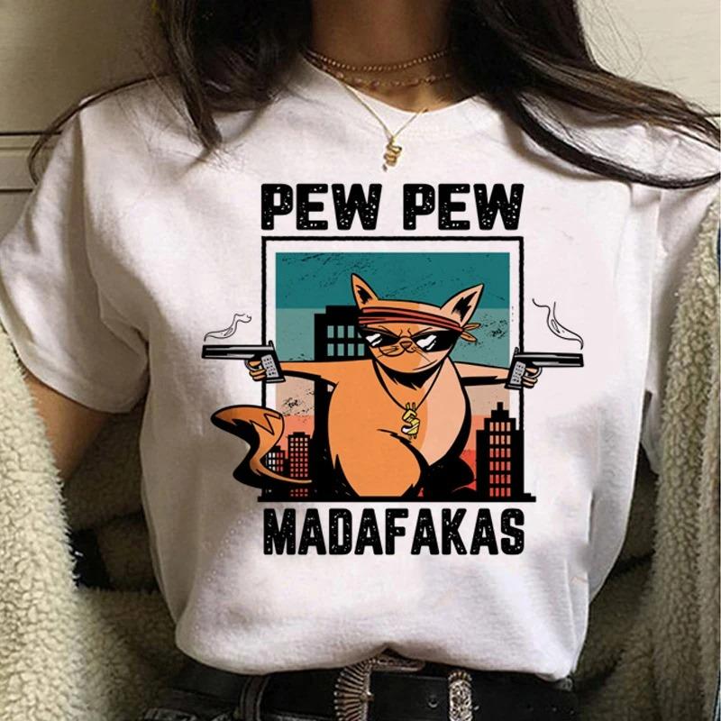 Pew Pew Madafakas T Shirt Women Kawaii Summer Tops Cartoon Tshirt Funny Black Cat Graphic Tees Unisex Harajuku Streetwear Female