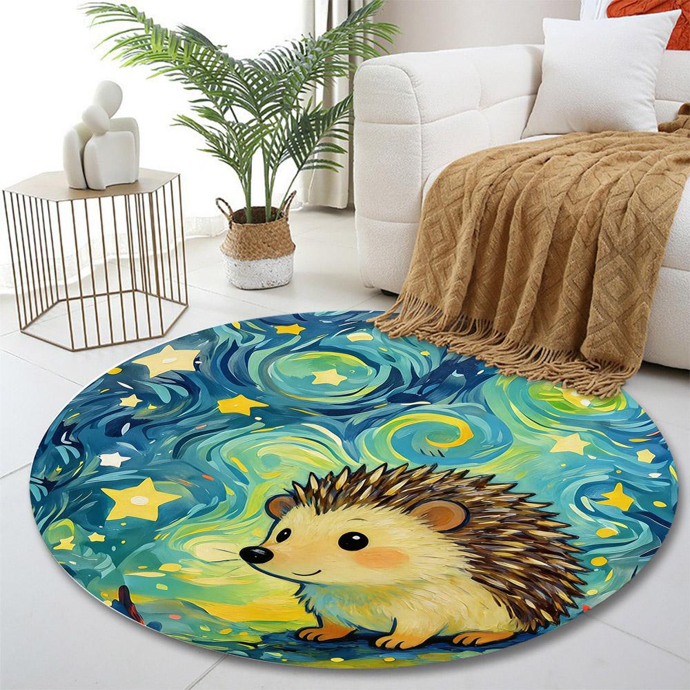 Cute Hedgehog with Starry Night Background Print round rug, living room, bedroom, playroom carpet, non slip floor mat, gift
