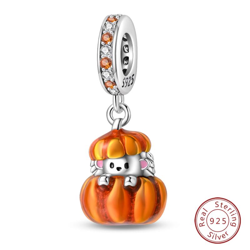 100% 925 Silver Autumn Harvest Series Brown Music Squirrel Scarecrow Pumpkin Maple Leaves Charms Beads DIY Jewelry Gift