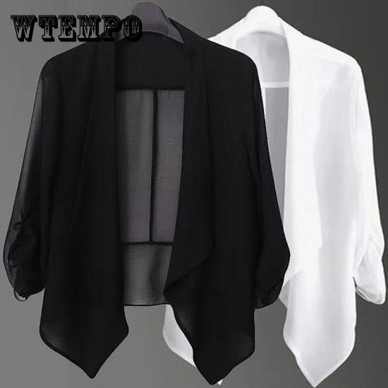 Women's Summer Spring Stretch 3/4 Gathered Sleeve Open Blazer Jacket Cardigan