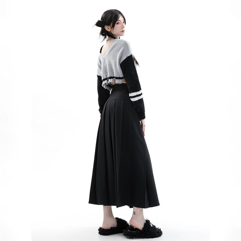 Винтажный серый костюм, юбка трапециевидной формы, женская весенне-осенняя плиссированная юбка средней длины с высокой талией в студенческом стиле