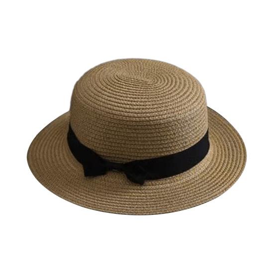 Beach Straw Hat Flat Top Wide Brim Sun Protection Hat with Black Ribbon Bow Hand-Woven Breathable