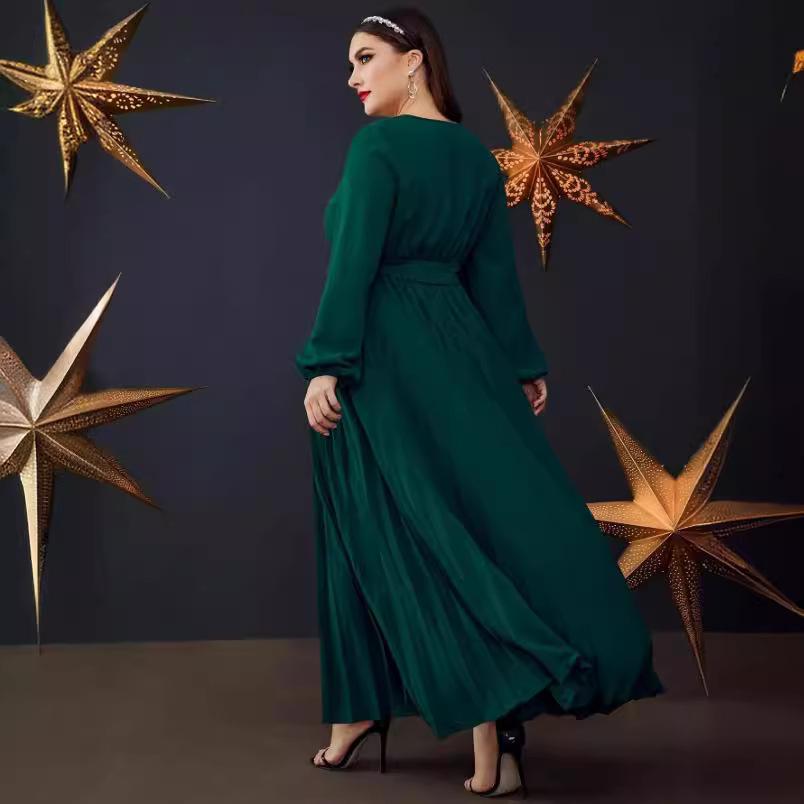 Женское модное длинное платье с V-образным вырезом и плиссированным подолом, платье больших размеров