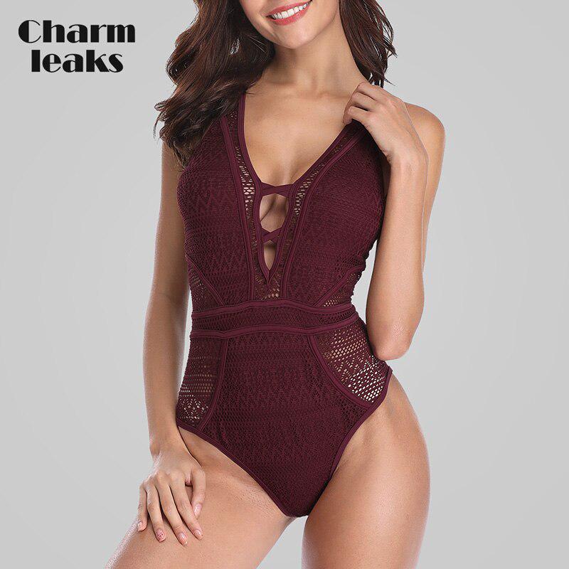 CHARMLEAKS Women One Piece Swimsuit Mesh Swimwear Deep V Swimwear Bandage Sexy Monokini Bathing Suit