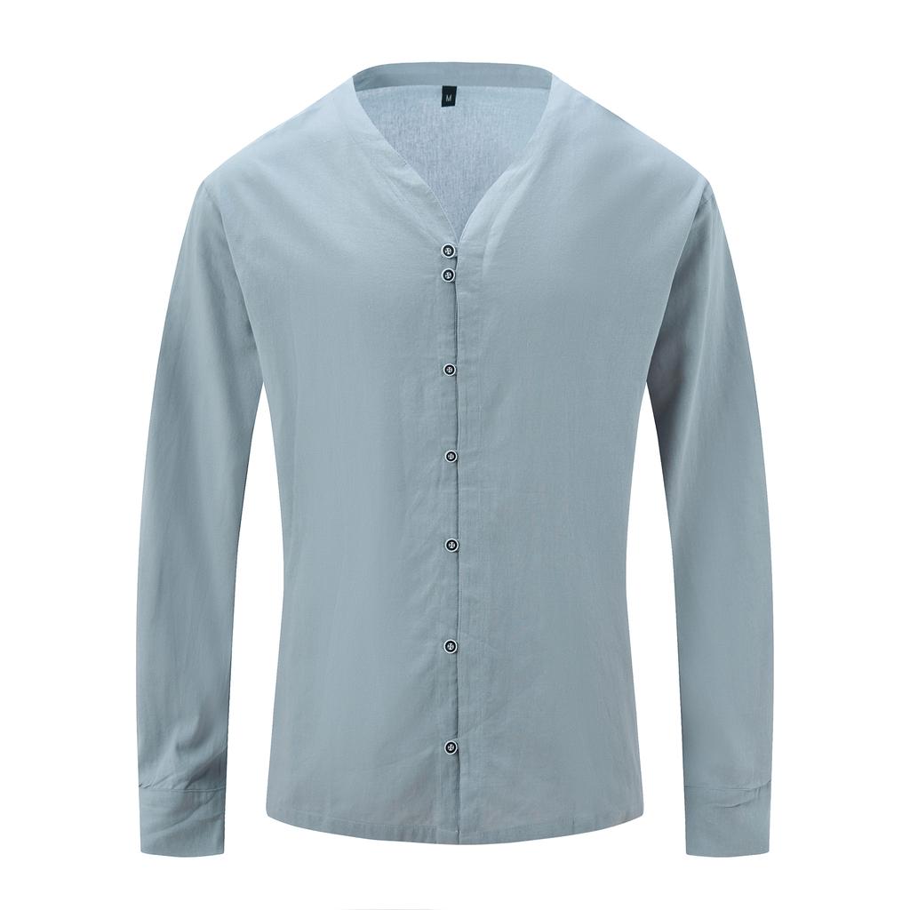 Men Stand Collar 7 Buttons Up Shirts White Black Blue Solid Long Sleeve Shirt Vintage Cotton Plus Size Tops