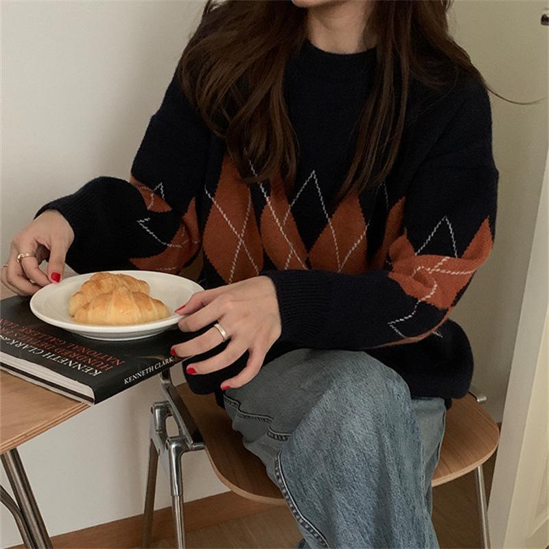 Трендовый женский свитер с ромбовидным узором 2023 - Осенне-зимний ленивый шик, возвышенный дизайн