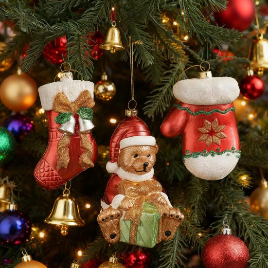 Christmas Ornaments Textured Bear Decorations Cute Playful Santa Hat Glove Sock Designs Versatile Xmas Tree Home Decor Accents
