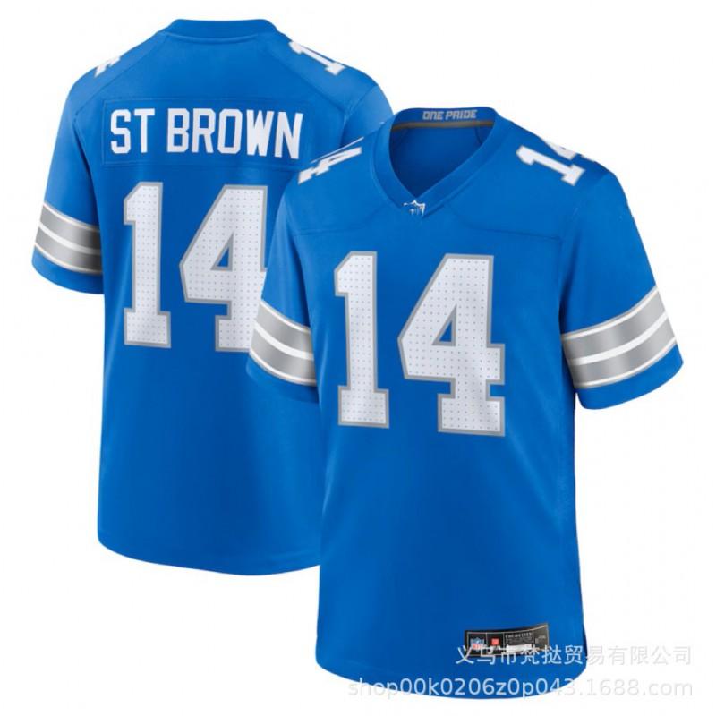 Mens NFL Detroit Lions Football Jersey Hutchinson 97 St. Brown 14 26 Blue Embroidered Team Sport Shirt Short Sleeve