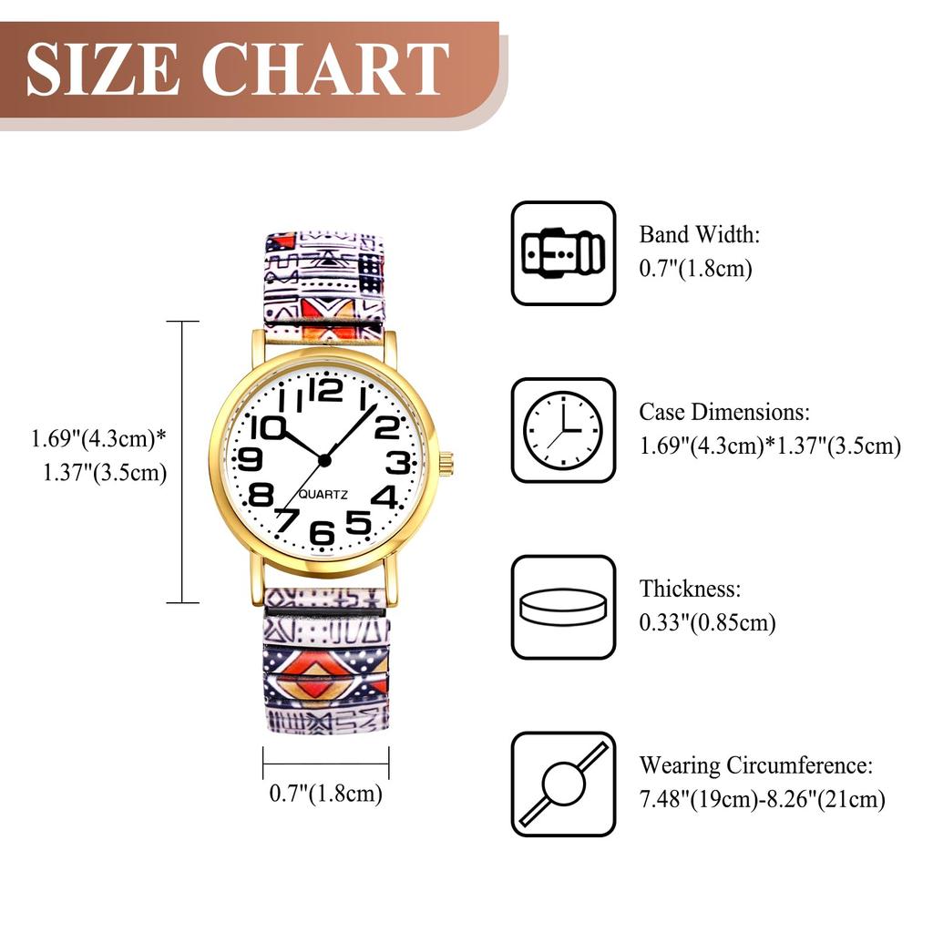Bohemian Watch with Elastic Strap and Arabic One Size Fits Floral Waterproof Quartz Watch with Stretchable Stainless Steel Analog Colorful Ethnic