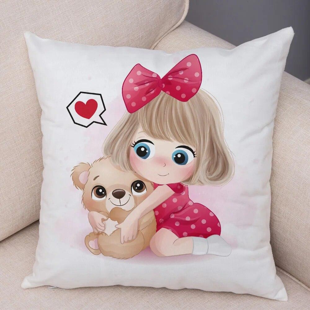 Children's Room Sofa Home Pillowcase Cute Cartoon Girl and Cat  Decoration  Animal Cushion Cover