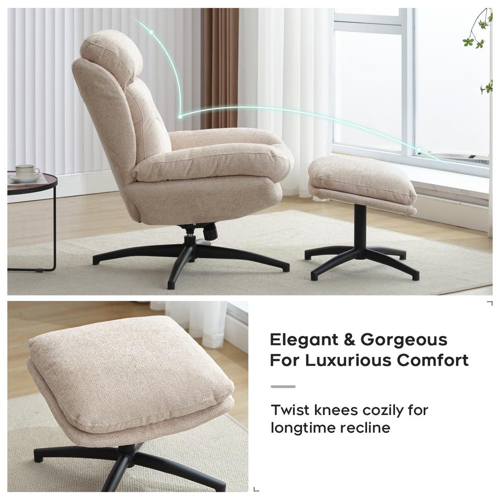Chenille Swivel Accent Chair & Ottoman, High Back Reading Lounge Armchair, 360° Swivel Tilt Footrest for Living Room Bedroom, Be