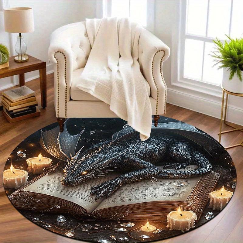 1pc Dragon on Ancient Book Round Floor Mat, Lightweight NonSlip Machine Washable, Home Decoration,Mystical Creature, Suitable for Living Room, Bedroom