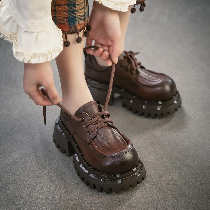 Johnature Женские туфли-лодочки на толстой подошве с круглым носком и шнуровкой в британском стиле, из натуральной кожи, универсальные, на высоком каблуке