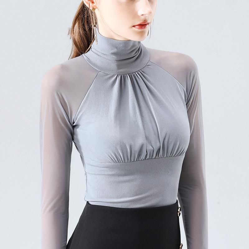 Black Pleated Mesh Turtleneck Bottoming Shirt Women's New Slim-fitting and Thin T-shirt Temperament Thin Long-sleeved Top