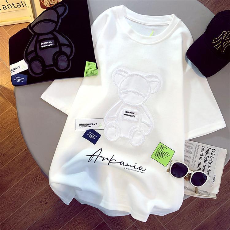 Женские футболки Harajuku, топы больших размеров для девочек, с круглым вырезом и короткими рукавами, свободная летняя футболка с вышивкой, футболка с медведем, футболки