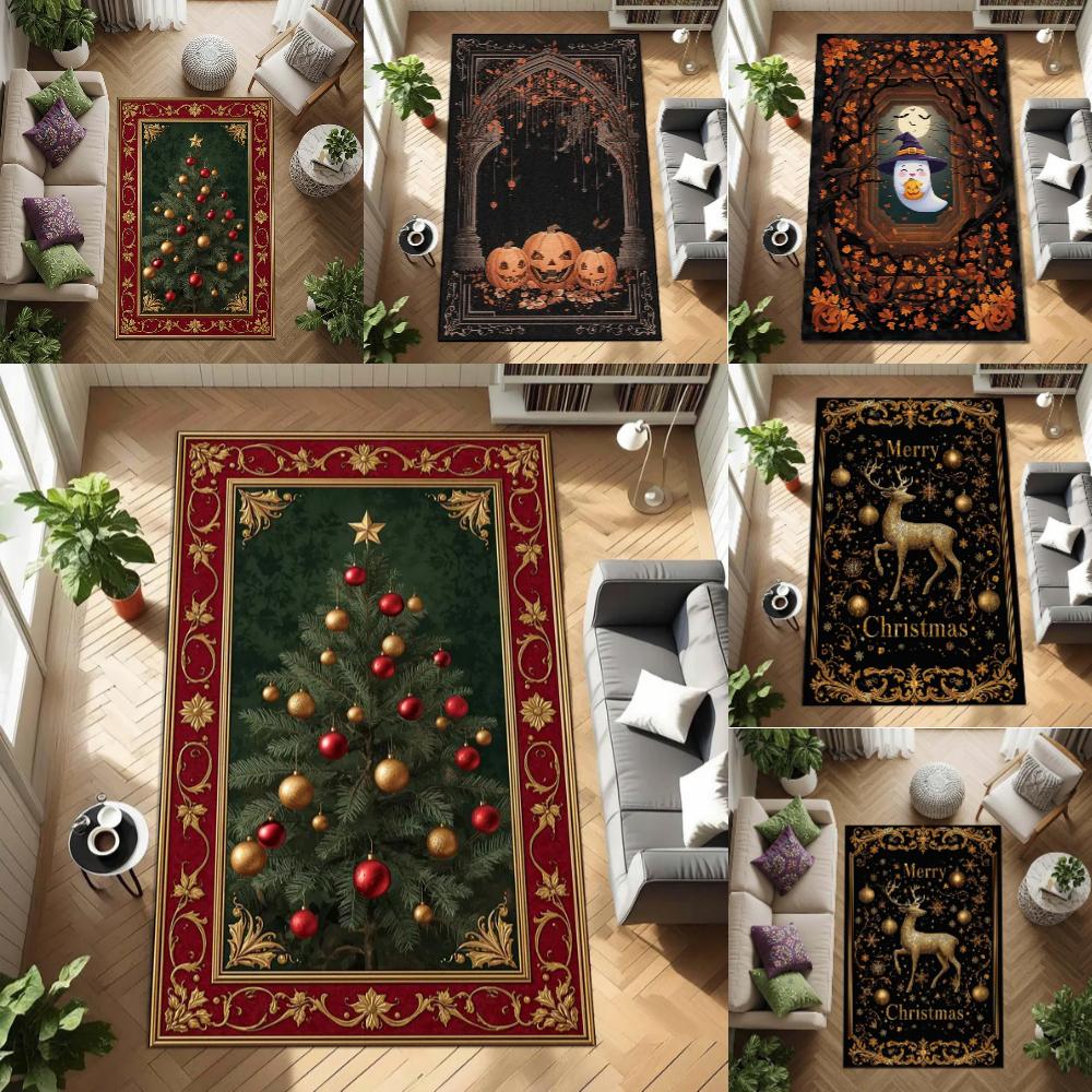 Christmas Tree Area Rug Red Gold Ornaments on Green Background Halloween Pumpkin Ghosts Rug Classic Holiday Rug for Xmas Decor